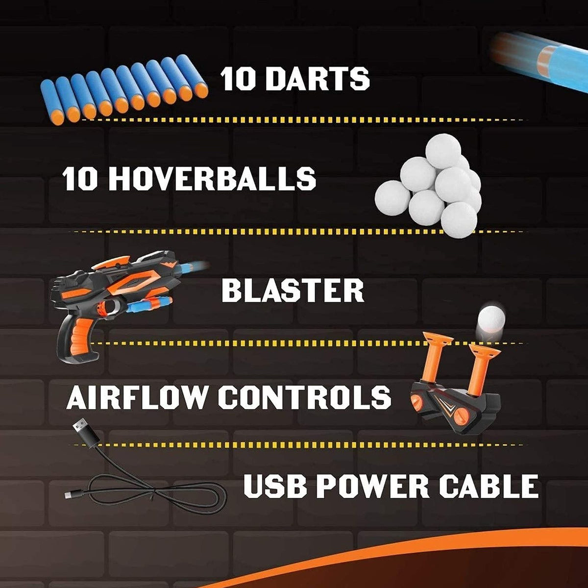 In the box: 10 darts, 10 foam balls, blaster, target base and USB power cable