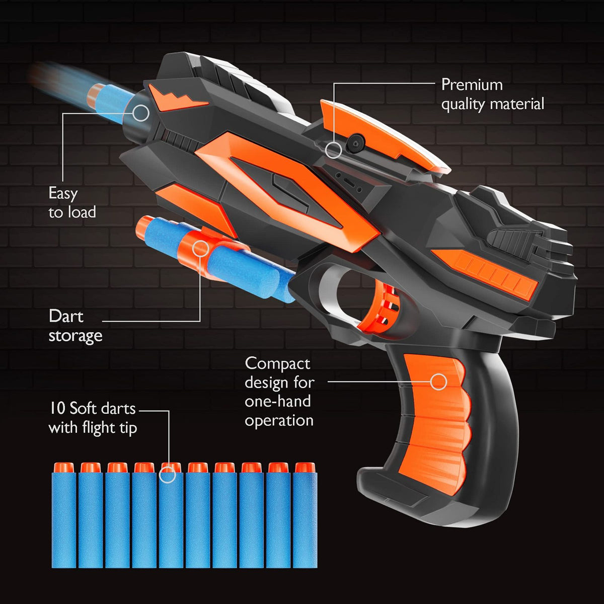 Single-shot foam dart blaster with dart storage and 10 soft darts