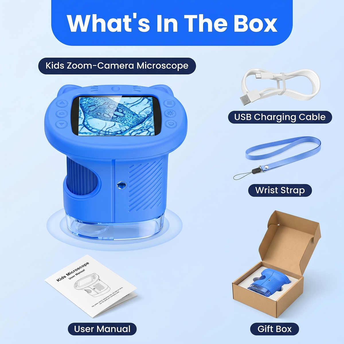 What is in the box: kids zoom-camera microscope, free explorer wrist strap, USB cable, user manual, gift box